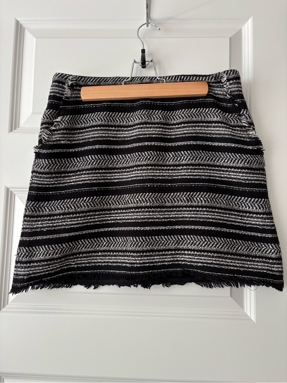 LOFT Black and White Striped Fringe Hem Mini Skirt